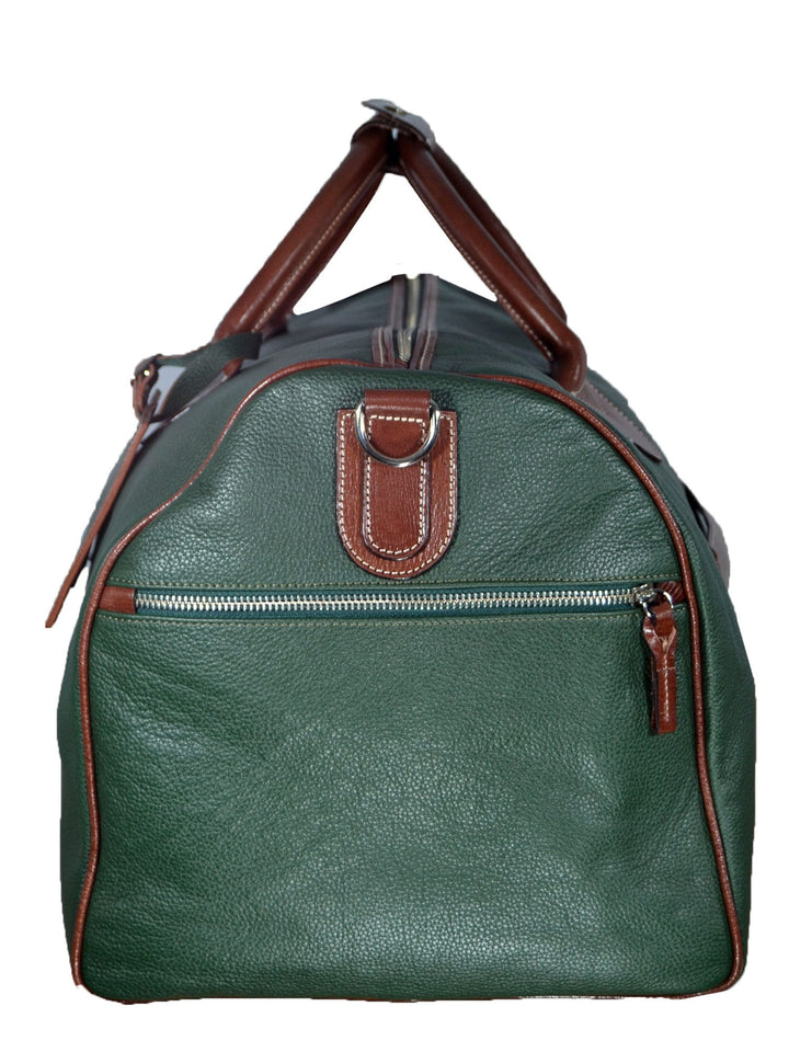 Green leather duffel bag with brown handles and details, featuring a front zipper pocket