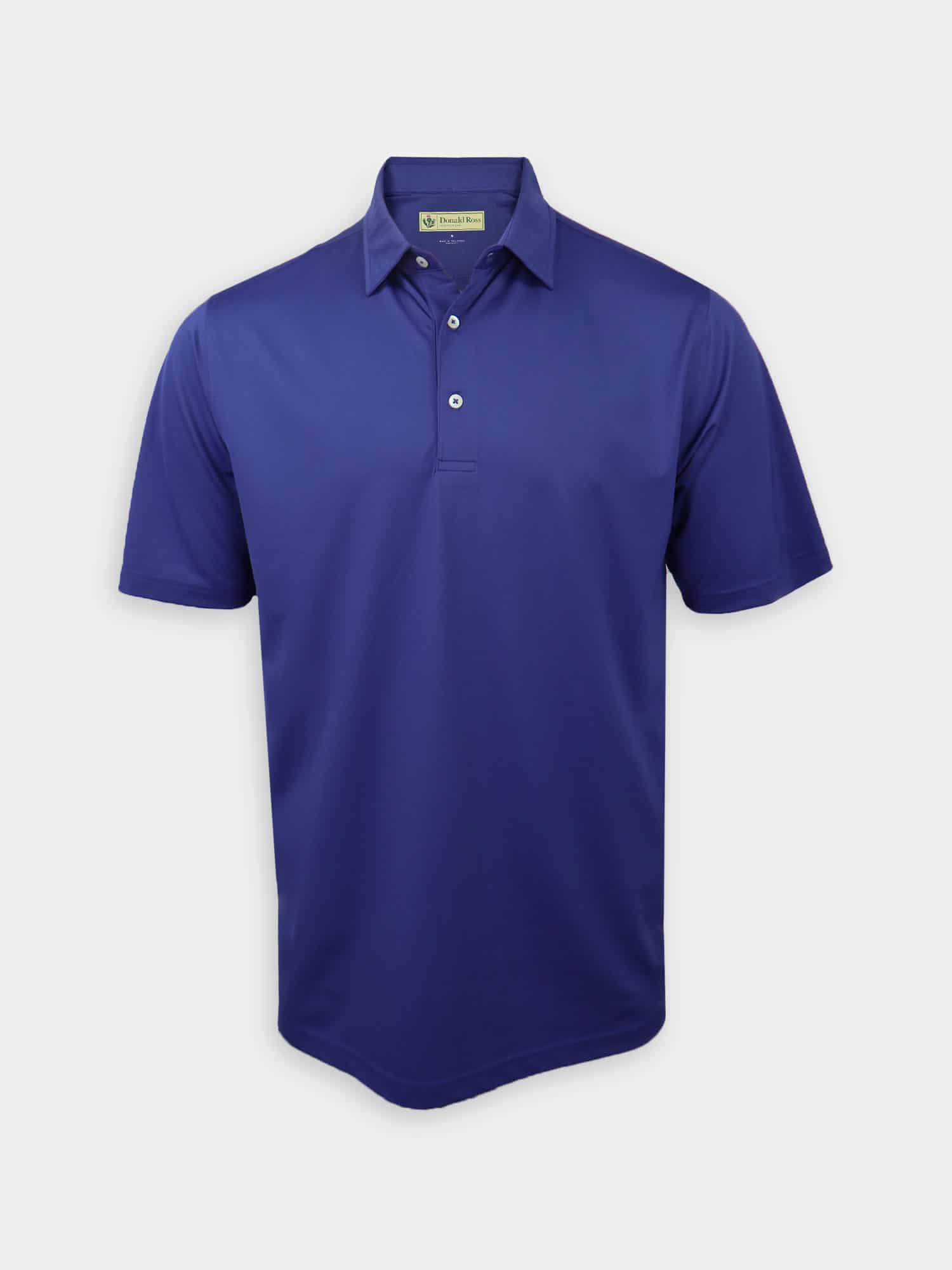 Blue polo shirt with a collar and three white buttons, displayed on a plain white background