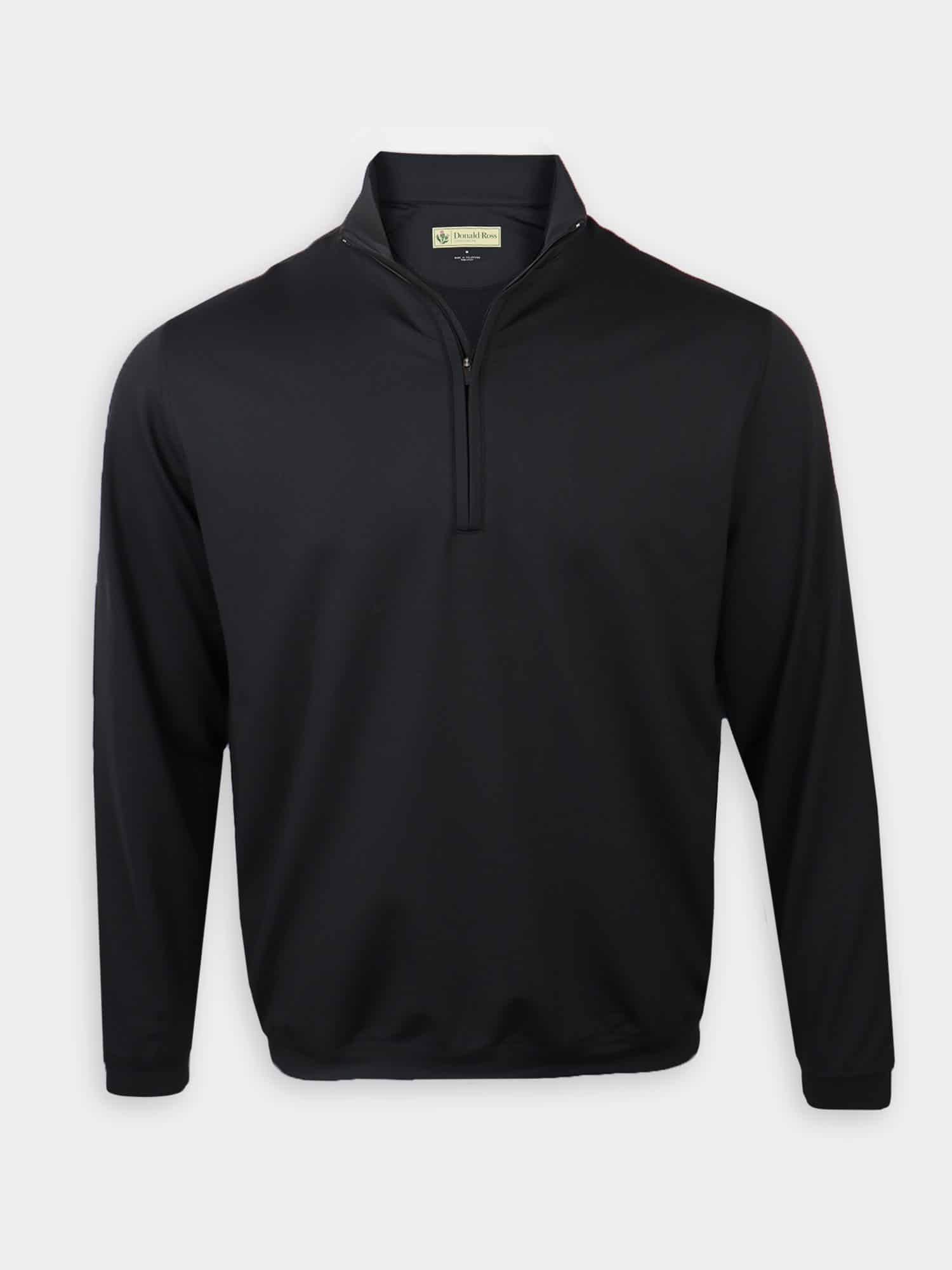 A black long-sleeve, quarter-zip pullover with a high collar on a plain white background