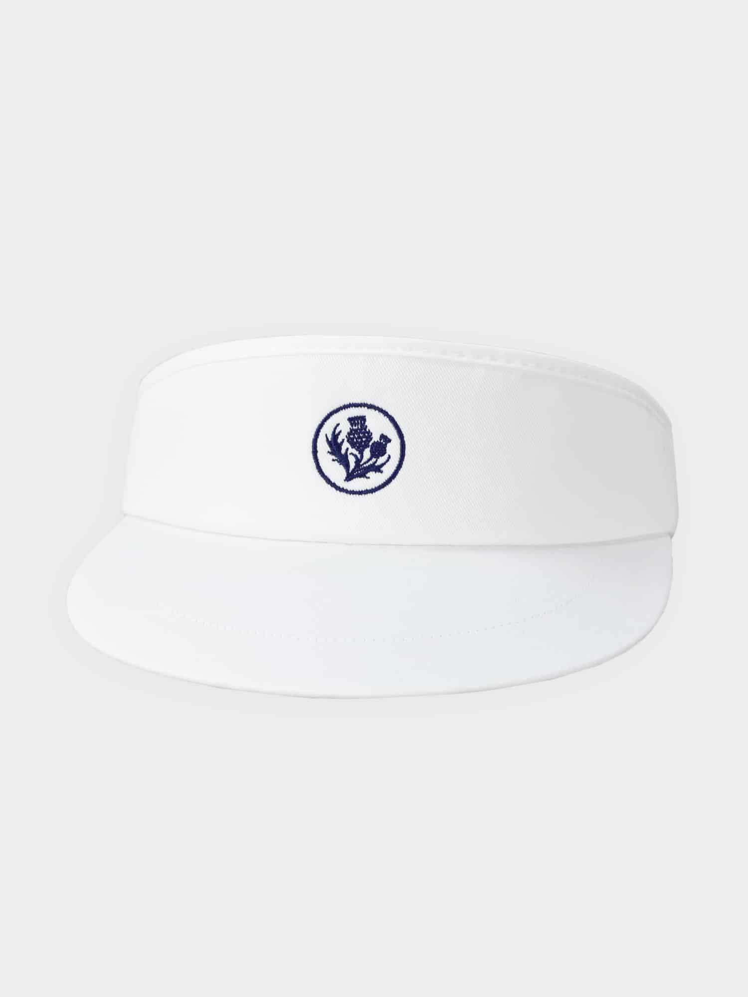 White visor with a blue thistle logo on the front, set against a plain background