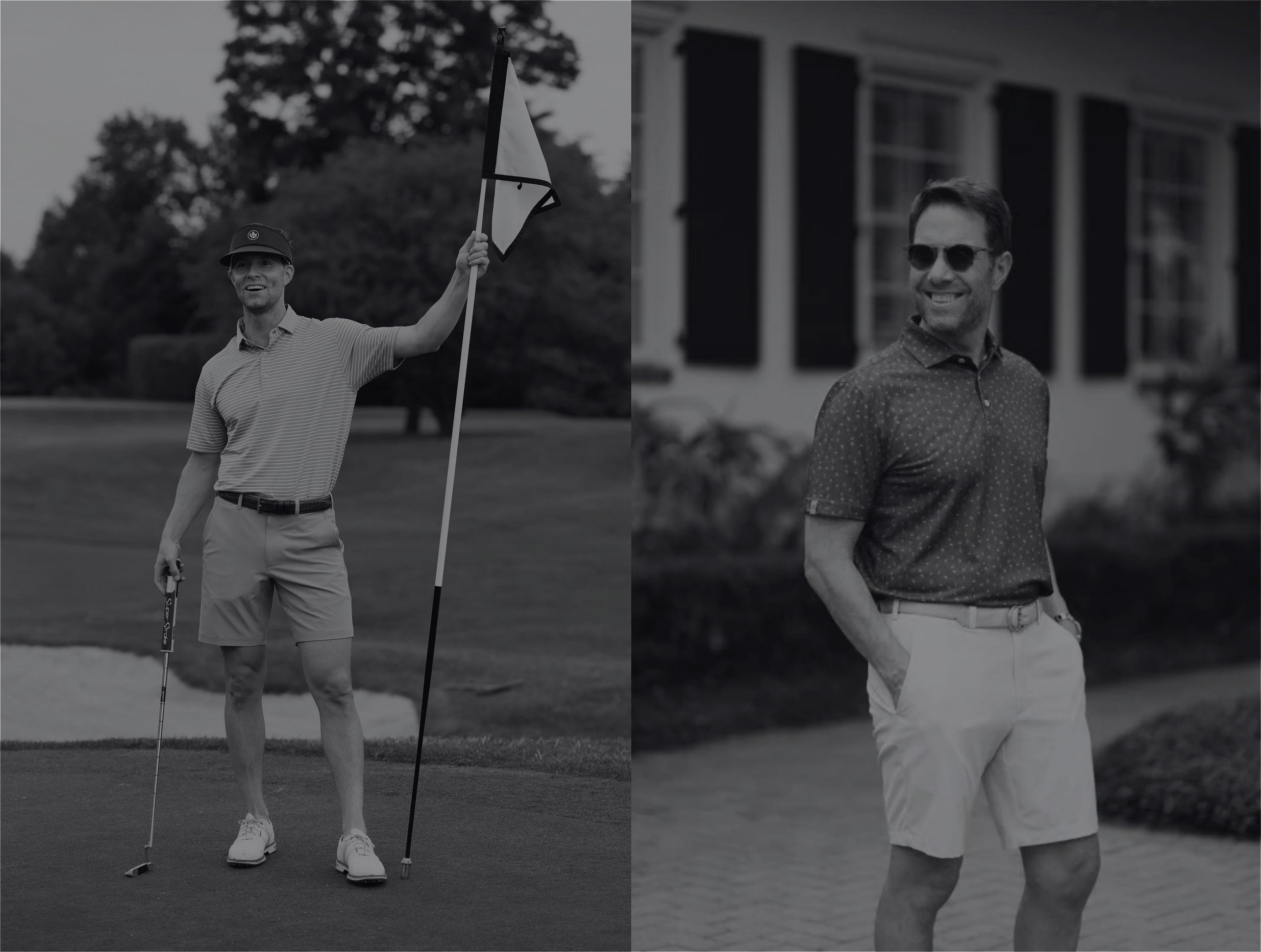 Two men in casual golf attire. Left: Man smiling, holding flagstick and putter on a golf course. Right: Man in sunglasses, smiling, hands in pockets.