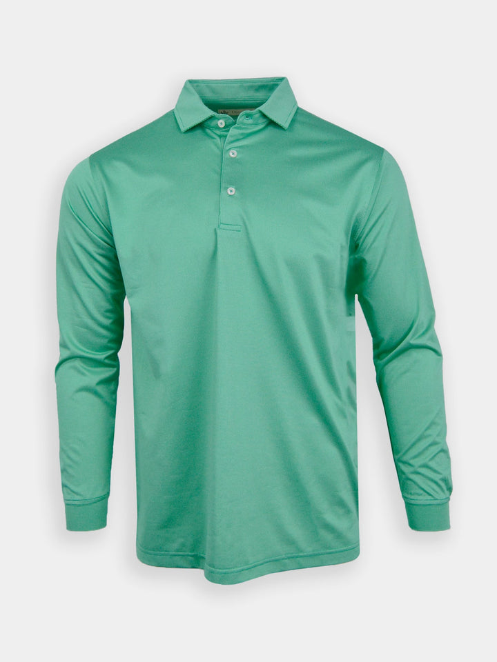Green long-sleeve polo shirt for golfers with a collar and three buttons, displayed on a white background