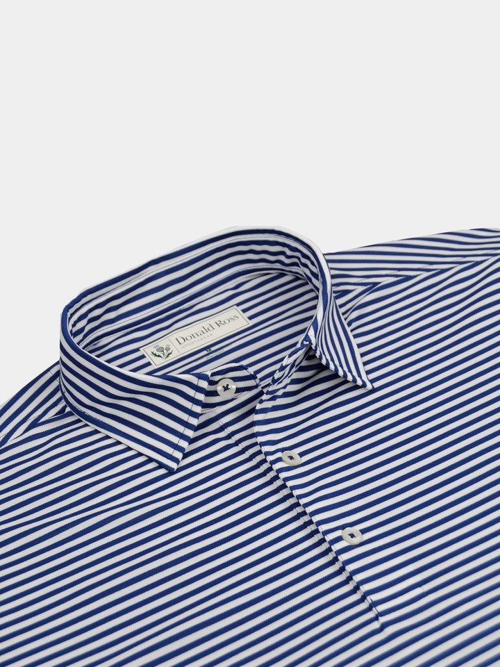 Blue and white striped dress shirt with a button-down collar, perfect for days on the green on casual wear