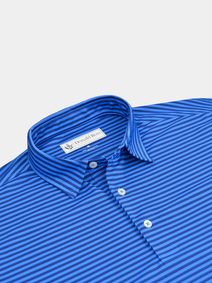 Blue and navy striped polo shirt with a folded collar for golf enthusiasts made by Donald Ross