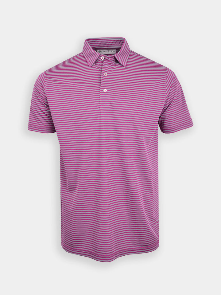 Pink and purple striped golf polo shirt made with lightweight and breathable pique fabric