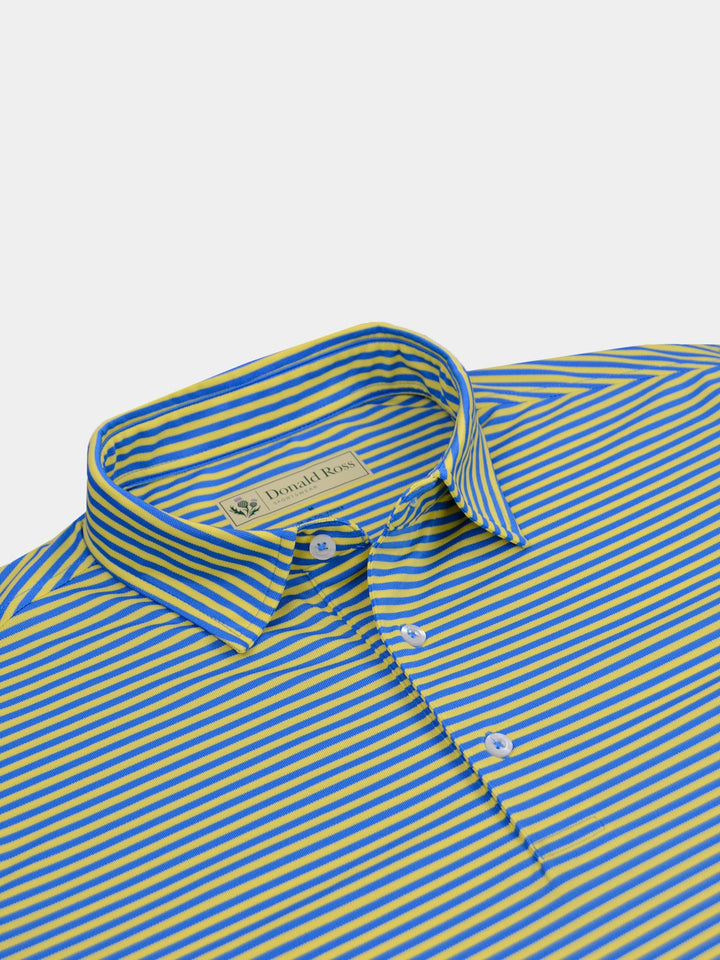 Bright blue and yellow striped pique fabric polo shirt for golfers