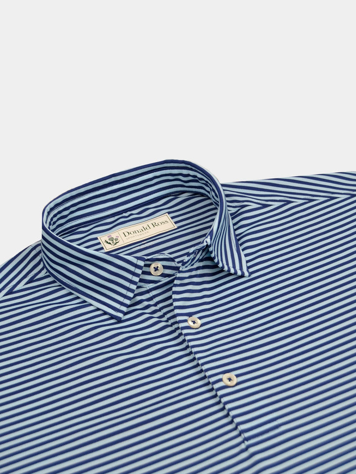 Blue and white striped golf polo with a button-down collar, perfect for summer days