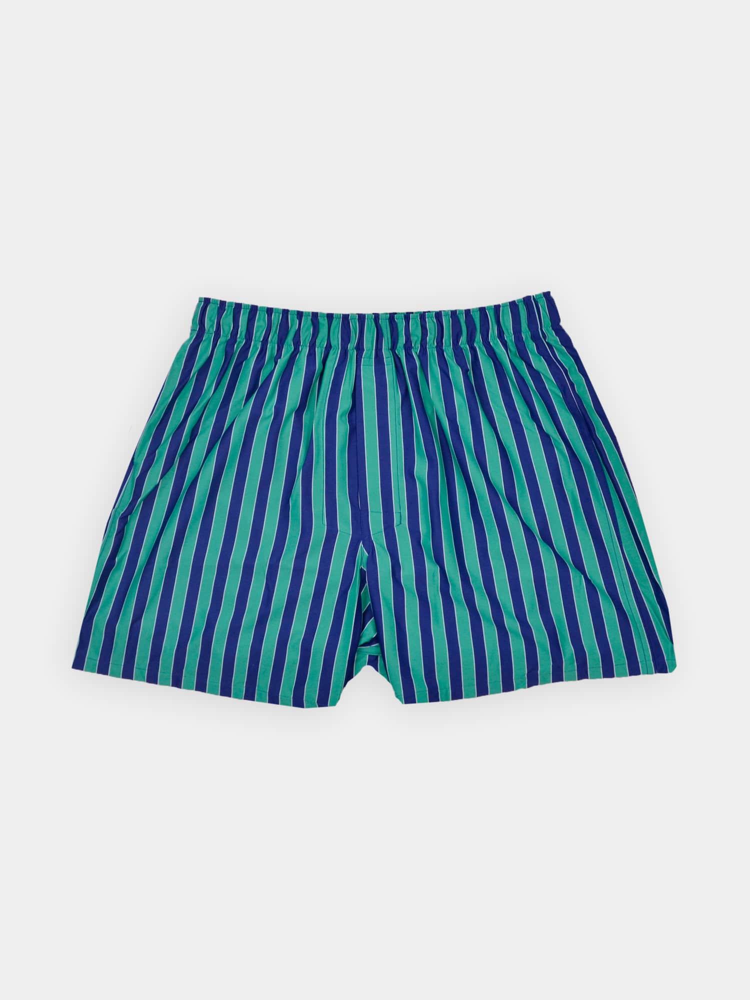 Blue and green striped boxer shorts with an elastic waistband, laid flat against a white background