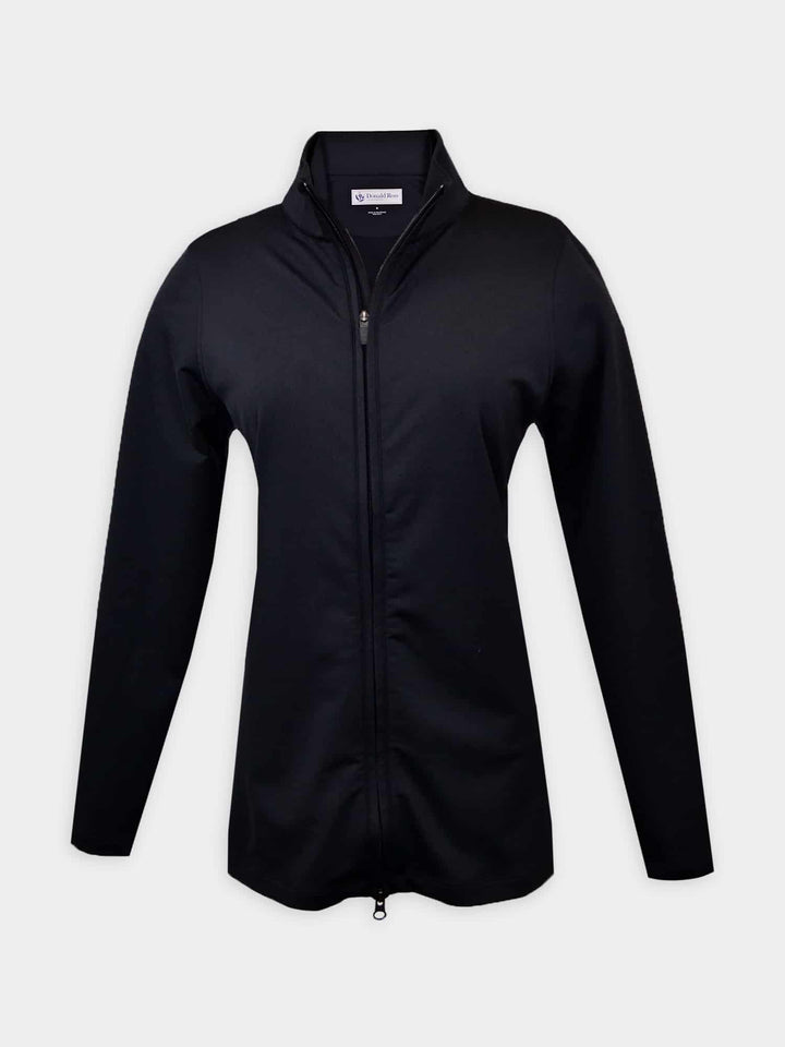A sleek black long-sleeve jacket for women with a high collar and full front zipper, displayed on a flat surface against a plain white background.