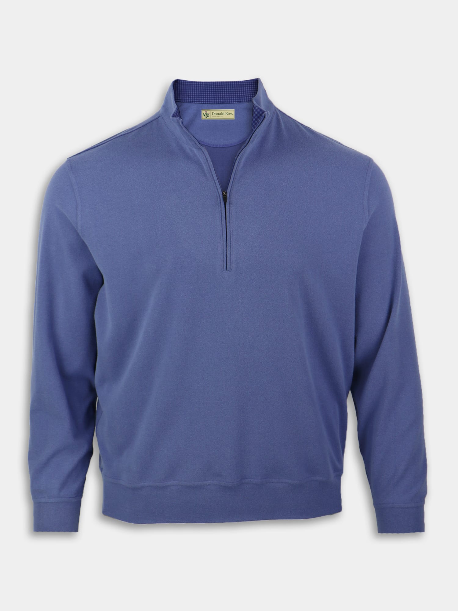 Blue quarter-zip golf pullover with a ribbed collar, displayed on a white background. The design is simple and classy, perfect for casual or semi-formal wear.