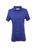 Royal blue striped short-sleeve polo dress with white button placket and ribbed collar.