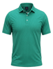Men's short-sleeve polo shirt in teal with subtle dot pattern and white mother-of-pearl buttons.