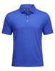 Blue short-sleeve polo shirt with white dot pattern and mother-of-pearl buttons.