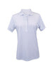 Women's short-sleeve polo shirt in lavender with an all-over geometric diamond pattern.