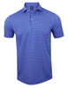 Men's royal blue striped short-sleeve polo shirt with white button placket and ribbed collar.