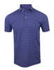 Men's short-sleeve striped polo shirt in navy blue with white horizontal stripes and white button placket.