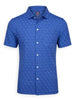 Blue short-sleeve sport shirt with all-over geometric print and white mother-of-pearl buttons.