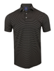 Men's black and gray striped short-sleeve polo shirt with button placket and ribbed collar.