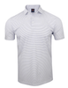 Men's short-sleeve polo shirt in white with fine horizontal stripes and a collared neckline.