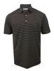 Men's short-sleeve striped polo shirt in black and gray with white buttons and ribbed collar.