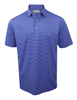 Men's short-sleeve striped polo shirt in royal blue with light blue horizontal stripes and mother-of-pearl buttons.