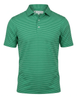 Green striped short-sleeve polo shirt with white buttons and ribbed collar.