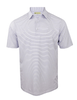 Men's short-sleeve polo shirt in white with fine purple horizontal stripes and a spread collar.