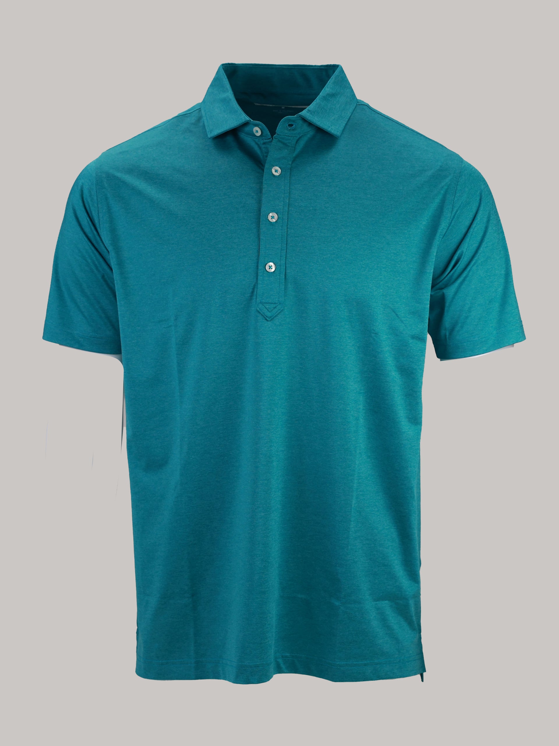 A teal polo shirt with a classic collar and three white buttons. The short sleeves and casual design convey a relaxed and versatile style.