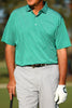 A man wearing a green striped polo shirt and light gray pants stands smiling outdoors, holding a golf club in his left hand.