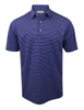 Men's short-sleeve polo shirt in navy and light blue horizontal stripes with a classic collar and white buttons.
