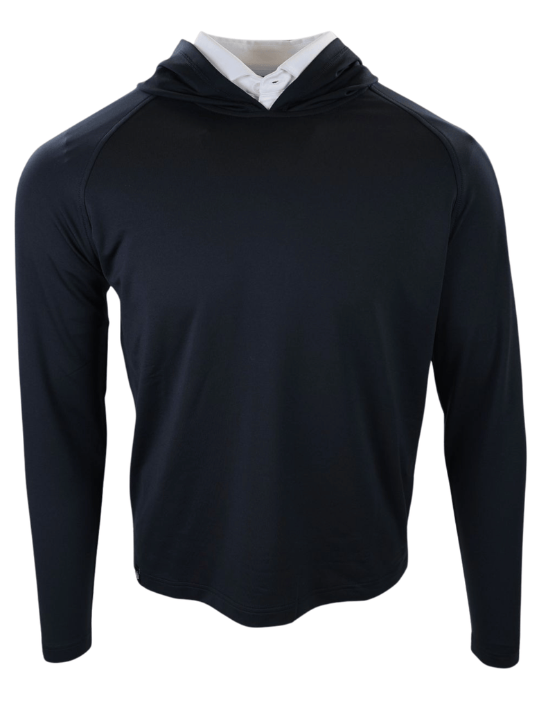 Black long-sleeve hoodie with white undercollar detail and raglan sleeves.