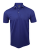 Navy blue short-sleeve polo shirt with white button placket and spread collar.