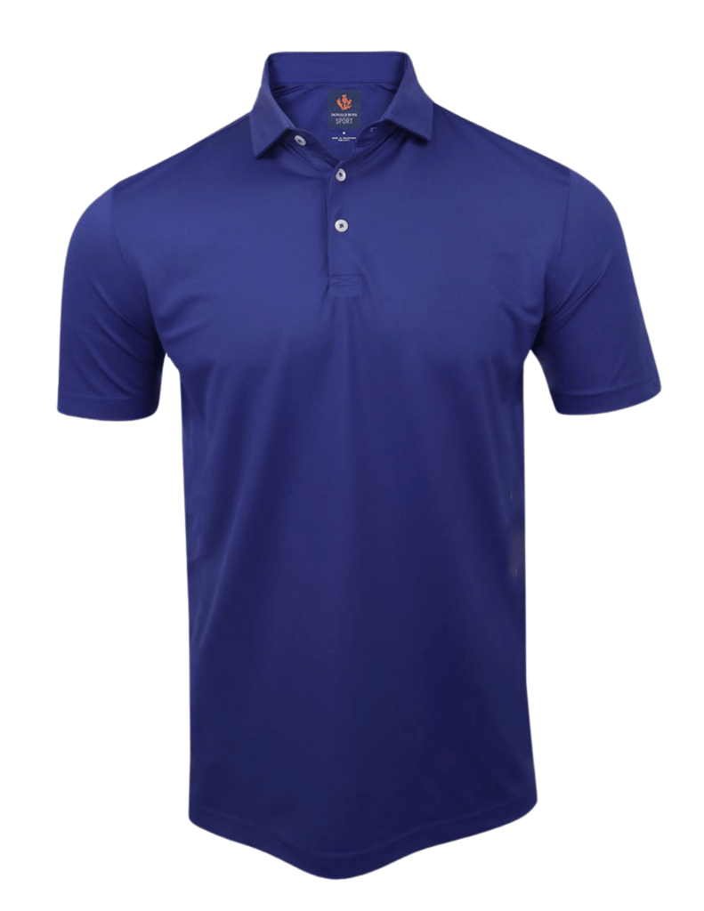Navy blue short-sleeve polo shirt with white button placket and spread collar.