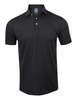 Black short-sleeve polo shirt with white button placket displayed on a neutral background.