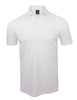 White short-sleeve polo shirt with a ribbed collar and button placket.