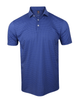 Men's short-sleeve polo shirt in royal blue with geometric diamond jacquard pattern and mother-of-pearl buttons.