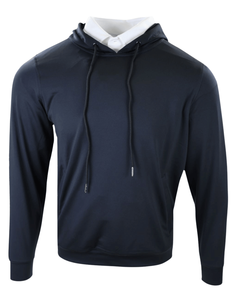 Navy blue hoodie with white interior collar and drawstring details, displayed on a mannequin against a white background.