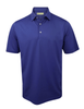 Royal blue short-sleeve polo shirt with a spread collar and mother-of-pearl buttons.
