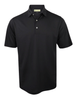 Black short-sleeve polo shirt with mother-of-pearl buttons and a relaxed fit.