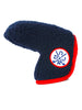 Navy blue and red wool putter cover with circular emblem featuring crossed golf clubs and "DRSC" lettering.