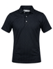 Black short-sleeve polo shirt with white micro-dot pattern and white button placket from Donald Ross.