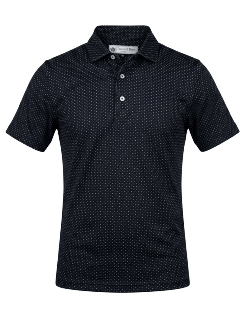 Black short-sleeve polo shirt with white micro-dot pattern and white button placket from Donald Ross.