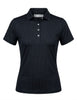 Women's short-sleeve navy polo shirt with subtle white dot pattern and white button placket.