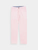 Light pink striped trousers with a subtle vertical pattern and a brown button, neatly laid flat on a white background, convey a crisp and elegant style.