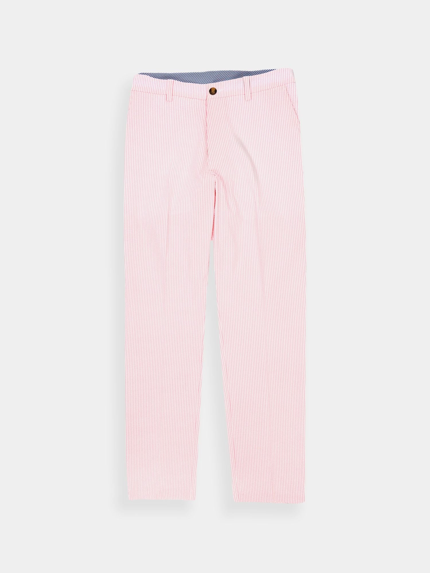 Light pink striped trousers with a subtle vertical pattern and a brown button, neatly laid flat on a white background, convey a crisp and elegant style.