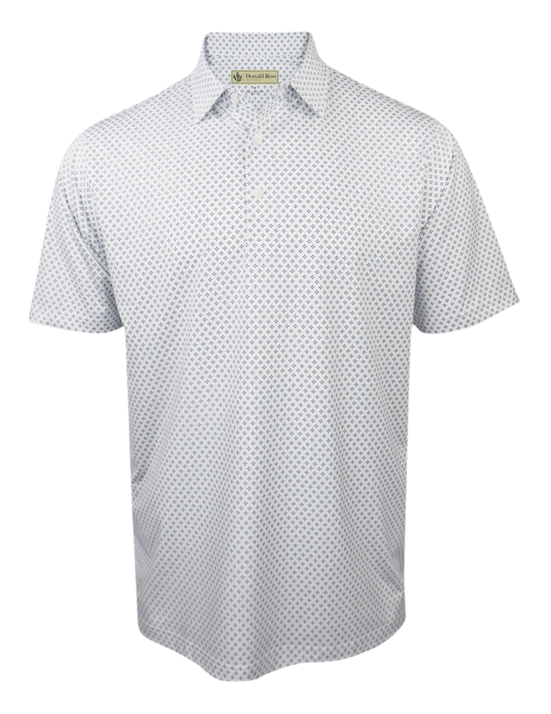 Donald Ross men's short-sleeve polo shirt in white with subtle geometric diamond pattern.
