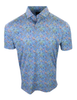 Men's short-sleeve polo shirt with all-over blue and green paisley floral print.