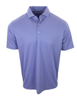 Men's striped polo shirt in periwinkle blue with short sleeves and a classic collared neckline.