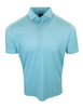 Turquoise short-sleeve polo shirt with white dot pattern and button placket.