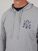 Man wearing a light gray hoodie with a navy logo of crossed golf clubs and letters "DRJ" on the chest. Casual and sporty look.